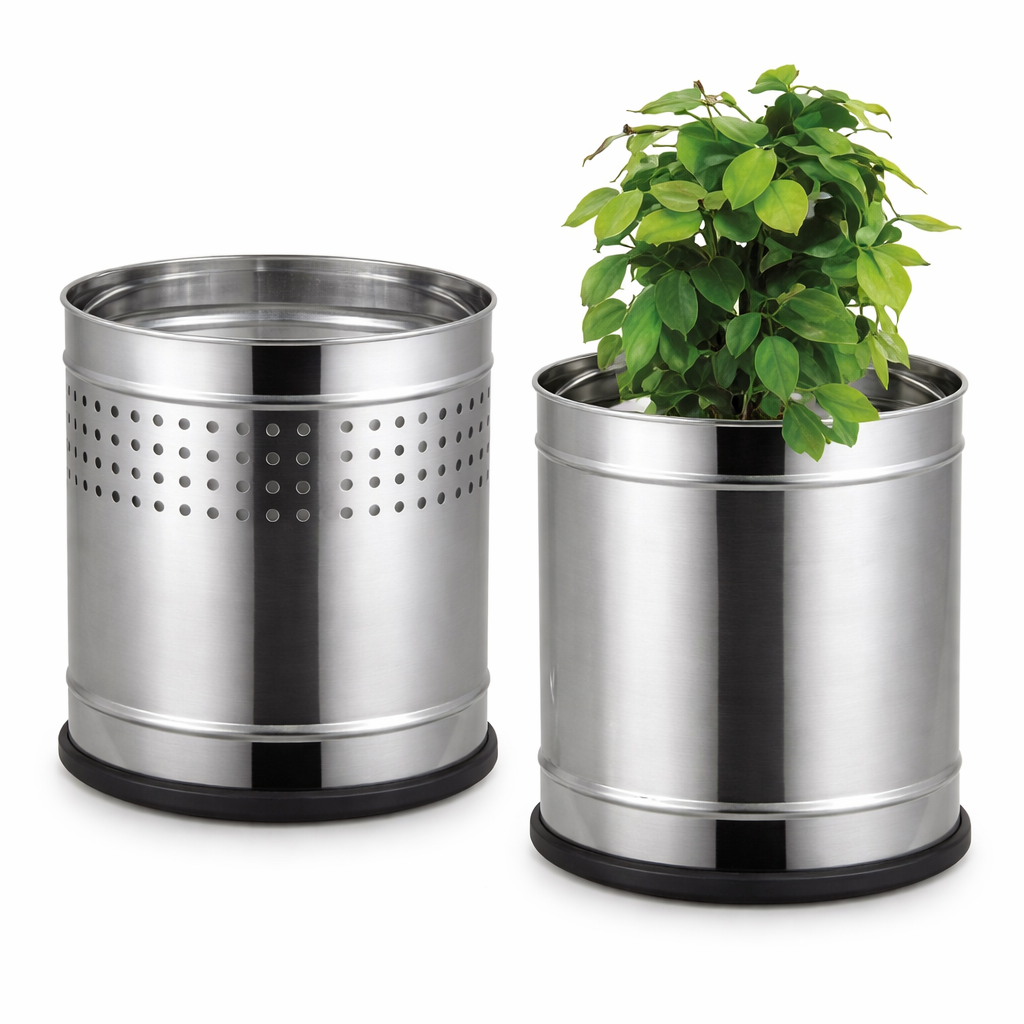 Stainless steel planters with vibrant plants